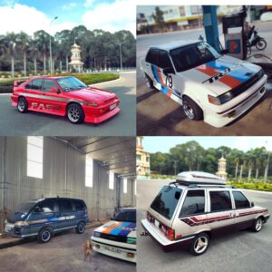 đô xe Honda Acura Integra 1987 màu đỏ Toyota corolla 1983 màu trắng Daihatsu citivan 1998 màu xanh Nissan Stanza 1987 màu vàng cát